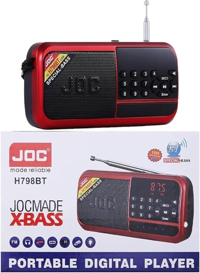 JOC Portable Digital Radio FM Radio, Battery Operated Analog Radio and a very strong 3D sound and excellent signal (Model-H798BT) Color (red & black)